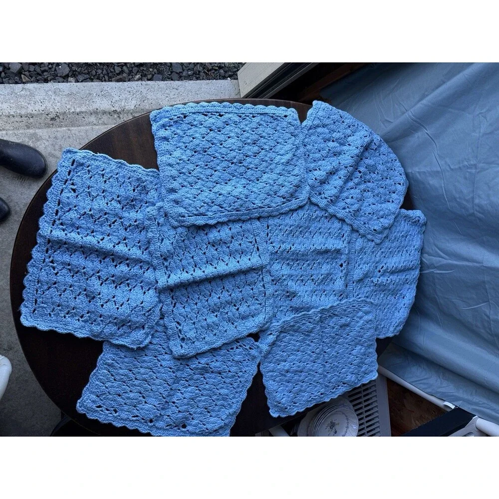 Set Of 8 Handmade Blue Crochet Placemats 17.5” X 11.5”